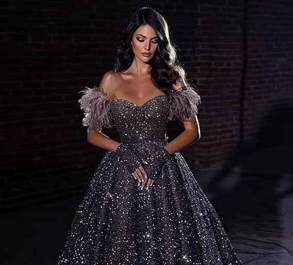 Women’s Formal Feather Off Shoulder Ball Gown A Line Sequin Size 16 - NEW - Image 3