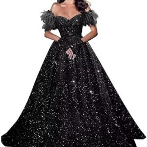 Women’s Formal Feather Off Shoulder Ball Gown A Line Sequin Size 16 - NEW
