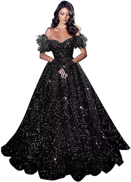 Women’s Formal Feather Off Shoulder Ball Gown A Line Sequin Size 16 - NEW