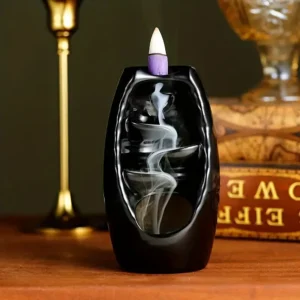 Backflow Waterfall Ceramic Incense Burner Solid Black Glaze w/ mat