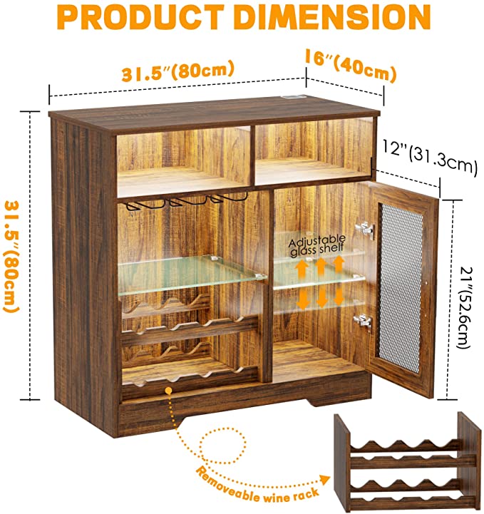 LVSOMT Bar Cabinet w/ Wine Rack, Glass Holder & LED Sensor Lights - NEW OPEN BOX - Image 3