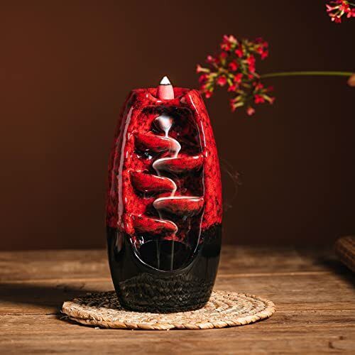 Backflow Waterfall Ceramic Incense Burner Red Gradient Glaze with Mat