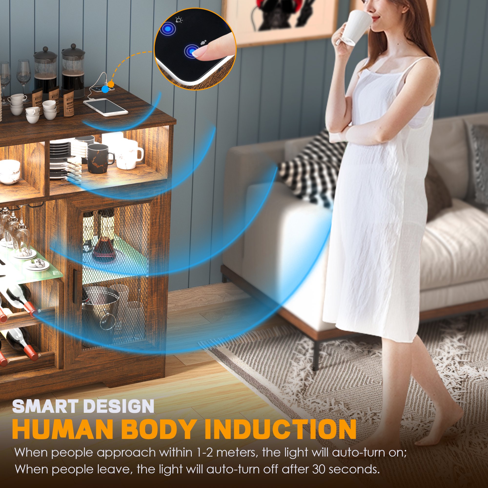 LVSOMT Bar Cabinet w/ Wine Rack, Glass Holder & LED Sensor Lights - NEW OPEN BOX - Image 2