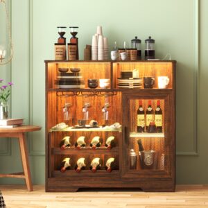 LVSOMT Bar Cabinet w/ Wine Rack, Glass Holder & LED Sensor Lights - NEW OPEN BOX