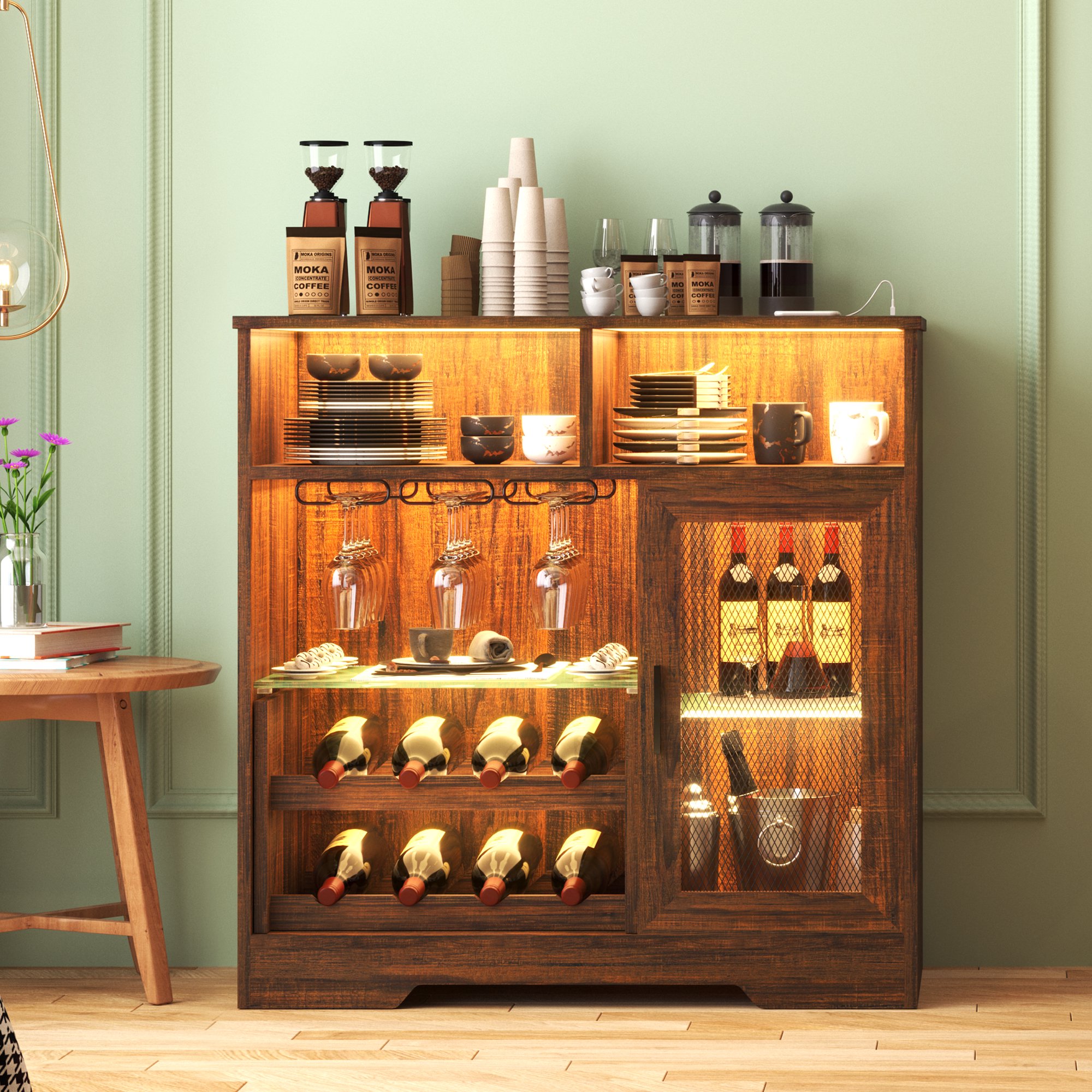 LVSOMT Bar Cabinet w/ Wine Rack, Glass Holder & LED Sensor Lights - NEW OPEN BOX